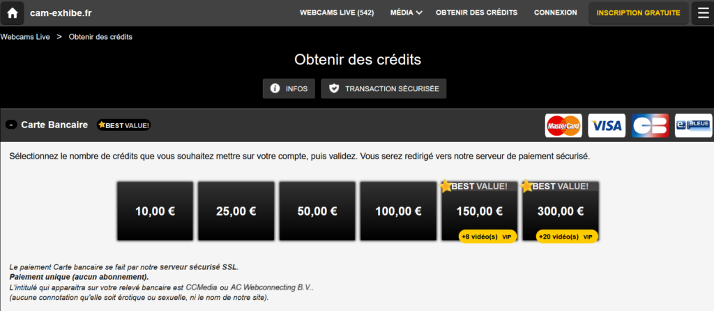 Page de paiement sécurisée sur une plateforme webcam avec options d’abonnement et accès aux lives privés